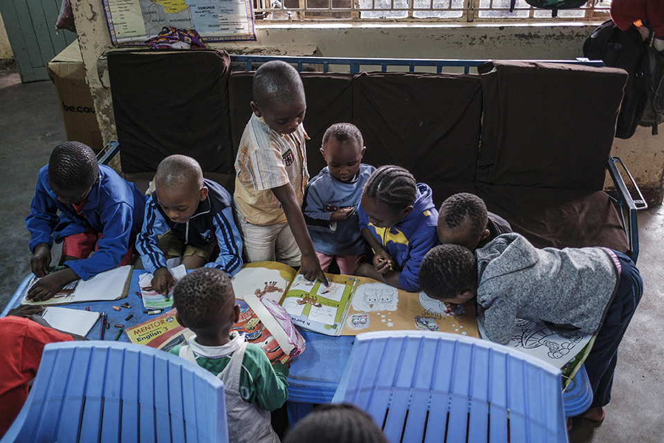 Children read and write during study time at the Kibera Pride Children’s Home, in the city of Nairobi, Kenya, on October 27, 2023.