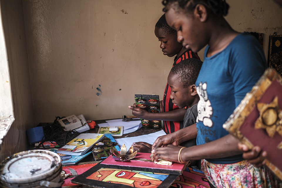 Children arrange the art workshop at the Kibera Pride Children’s Home, in the city of Nairobi, Kenya, on October 27, 2023.